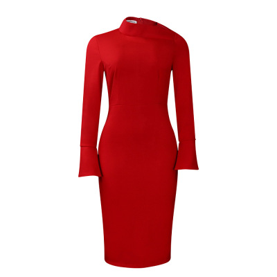 Long-Sleeved Hip-Wrapped Slant Collar Solid Color Dress 02