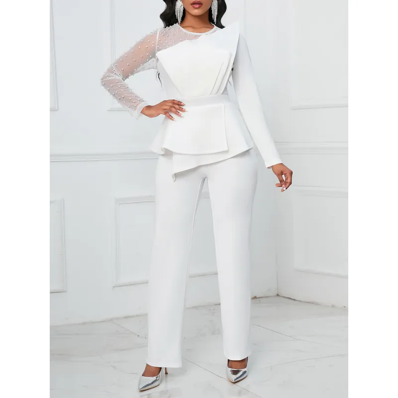Long-Sleeved Mesh Stitching Beaded Slimming Party Jumpsuit