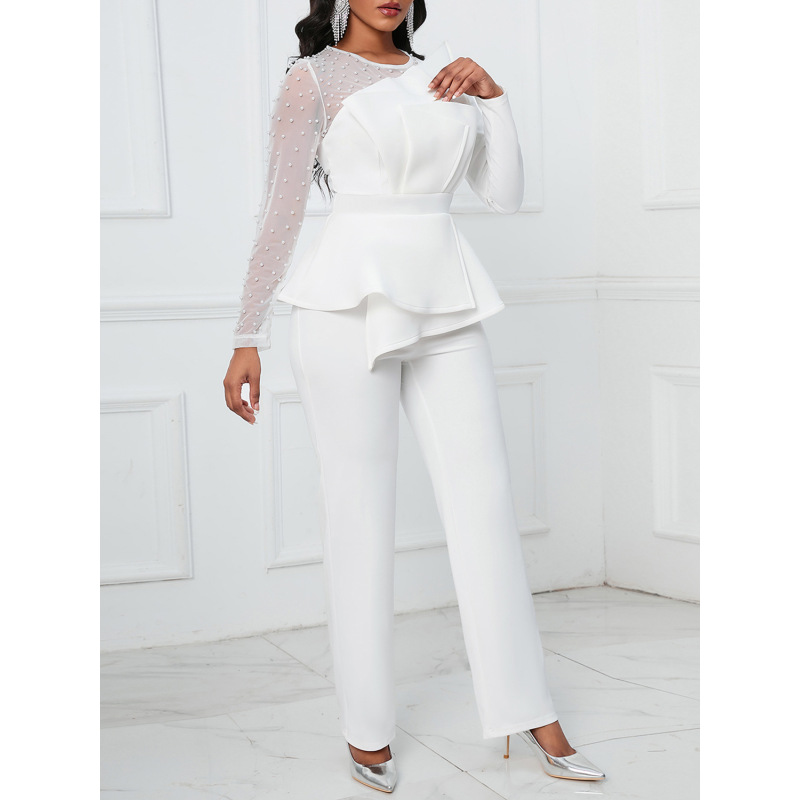 Long-Sleeved Mesh Stitching Beaded Slimming Party Jumpsuit