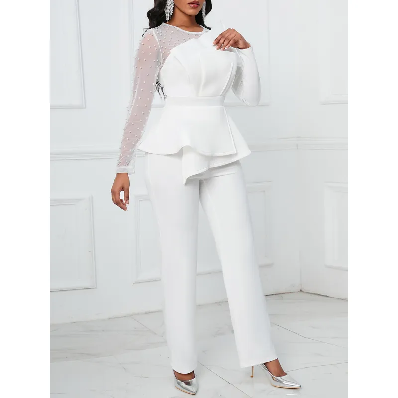 Long-Sleeved Mesh Stitching Beaded Slimming Party Jumpsuit
