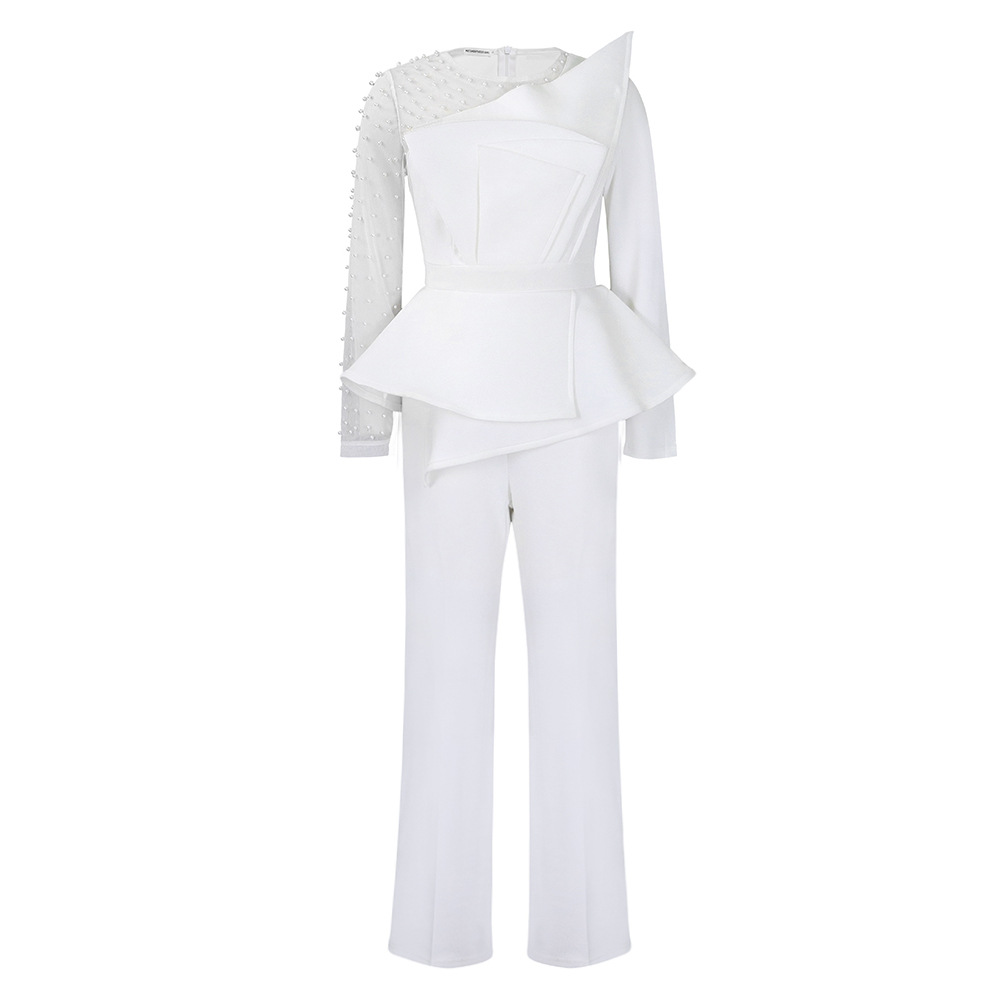 Long-Sleeved Mesh Stitching Beaded Slimming Party Jumpsuit