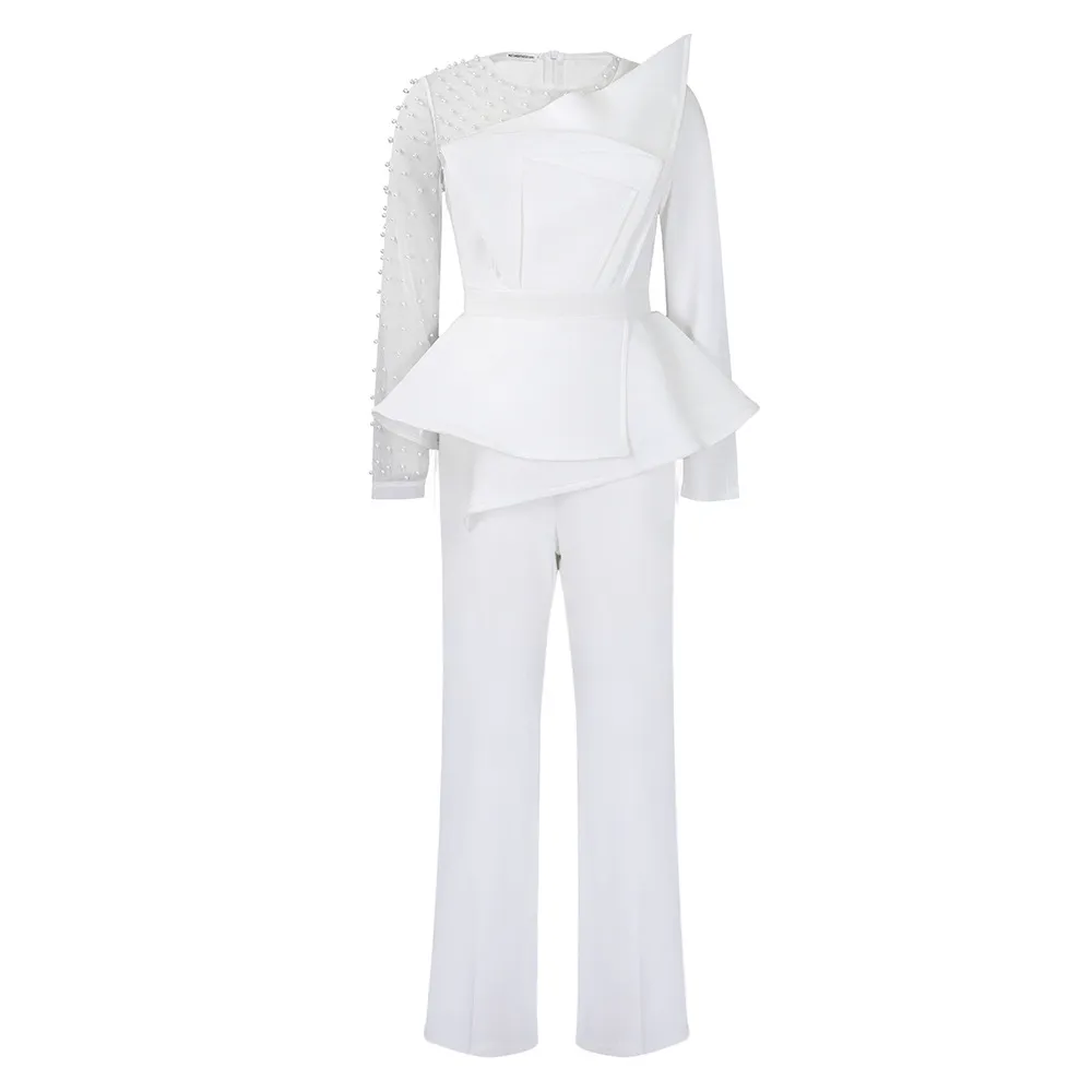 Long-Sleeved Mesh Stitching Beaded Slimming Party Jumpsuit