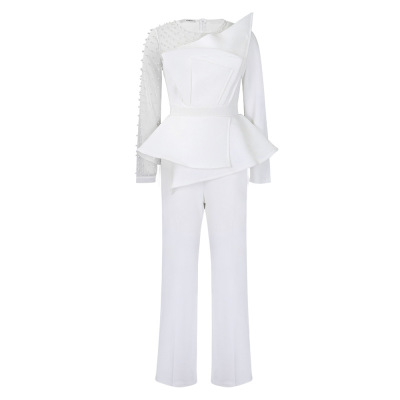 Long-Sleeved Mesh Stitching Beaded Slimming Party Jumpsuit 02