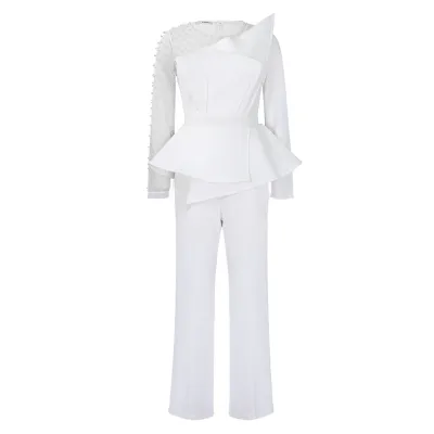 Long-Sleeved Mesh Stitching Beaded Slimming Party Jumpsuit 02