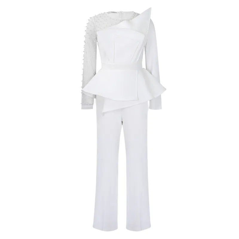 Long-Sleeved Mesh Stitching Beaded Slimming Party Jumpsuit