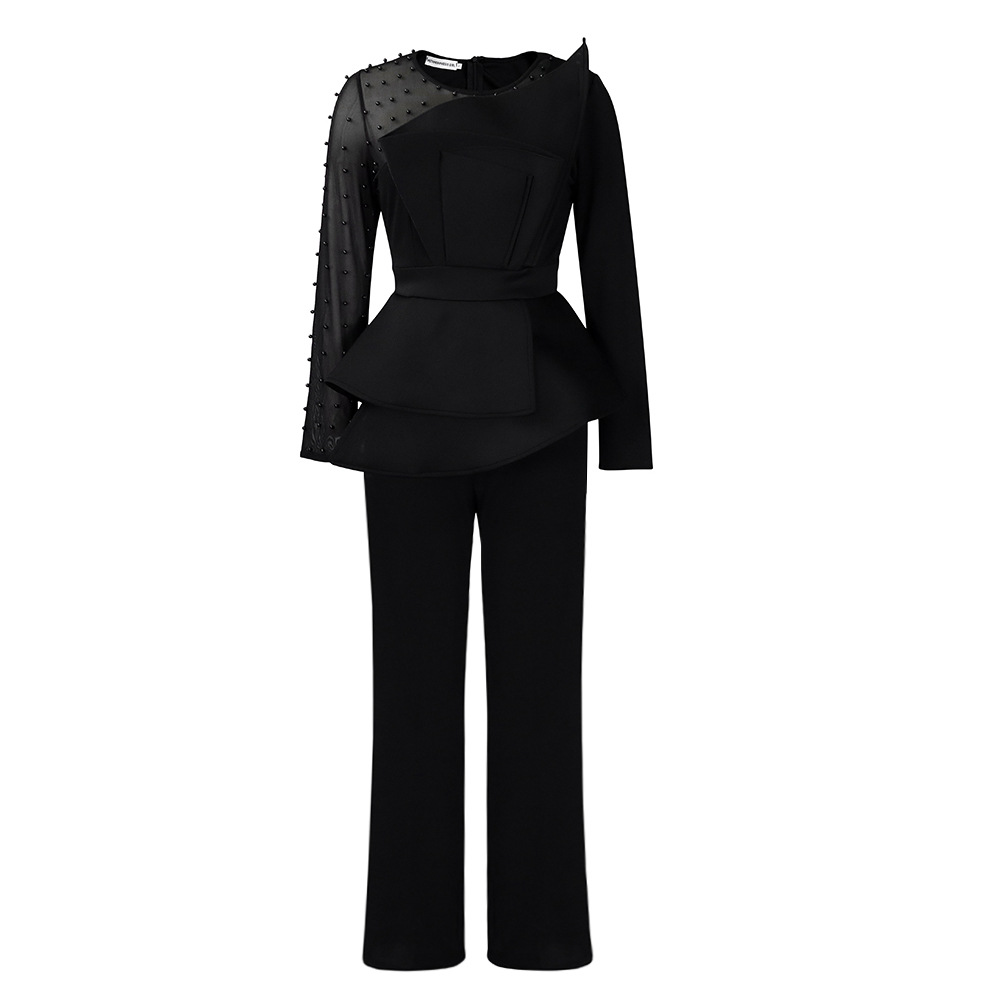 Long-Sleeved Mesh Stitching Beaded Slimming Party Jumpsuit