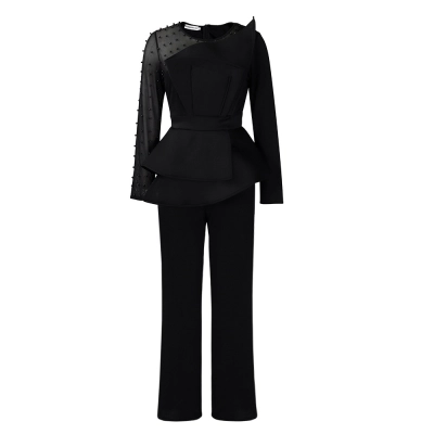 Long-Sleeved Mesh Stitching Beaded Slimming Party Jumpsuit 01