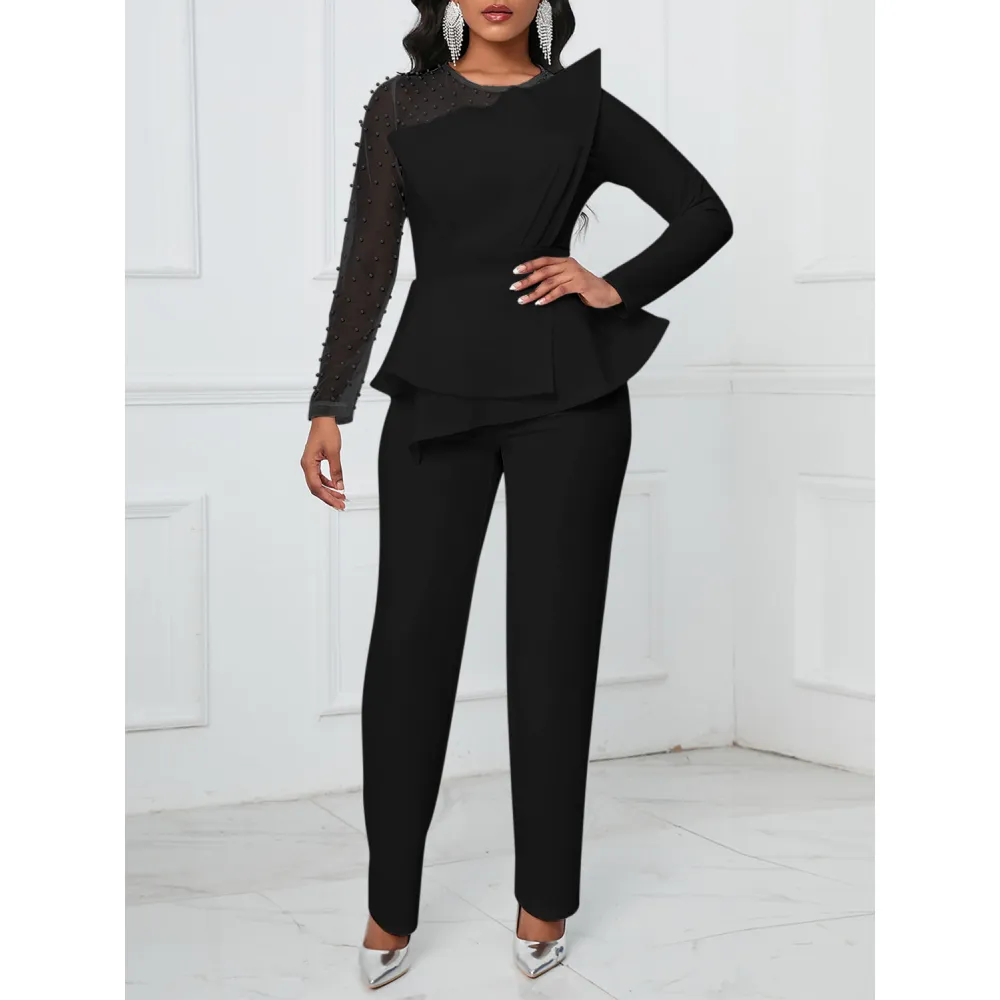 Long-Sleeved Mesh Stitching Beaded Slimming Party Jumpsuit