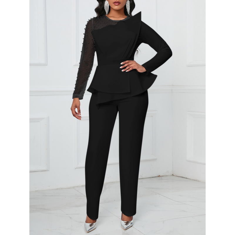 Long-Sleeved Mesh Stitching Beaded Slimming Party Jumpsuit