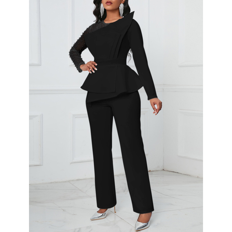 Long-Sleeved Mesh Stitching Beaded Slimming Party Jumpsuit