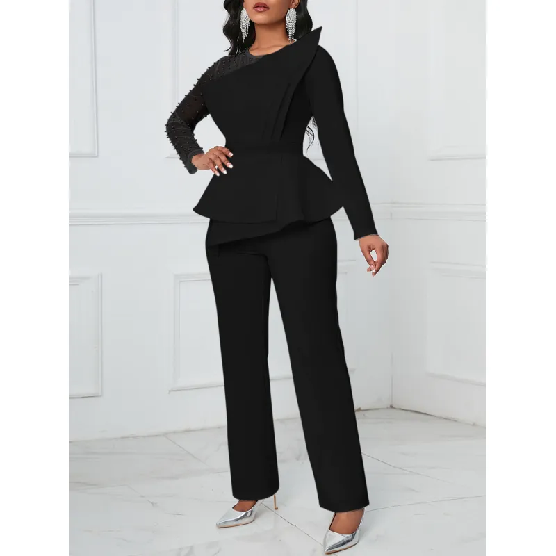 Long-Sleeved Mesh Stitching Beaded Slimming Party Jumpsuit