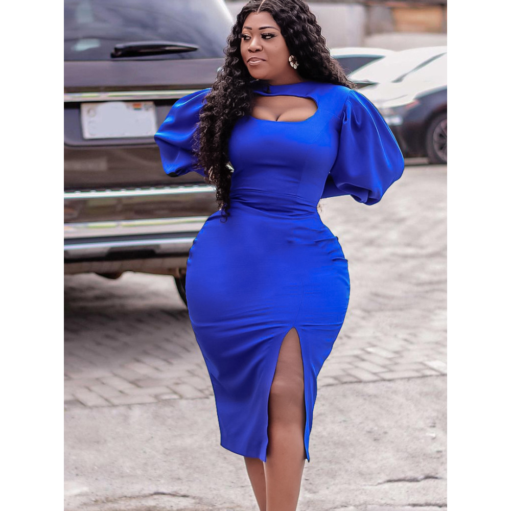 New Fashion Hollow Long Sleeve Slit Solid Color Dress