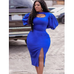 New Fashion Hollow Long Sleeve Slit Solid Color Dress