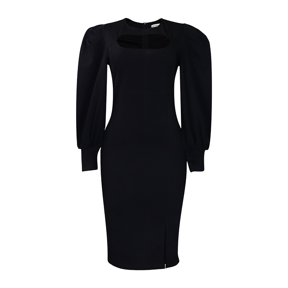 New Fashion Hollow Long Sleeve Slit Solid Color Dress