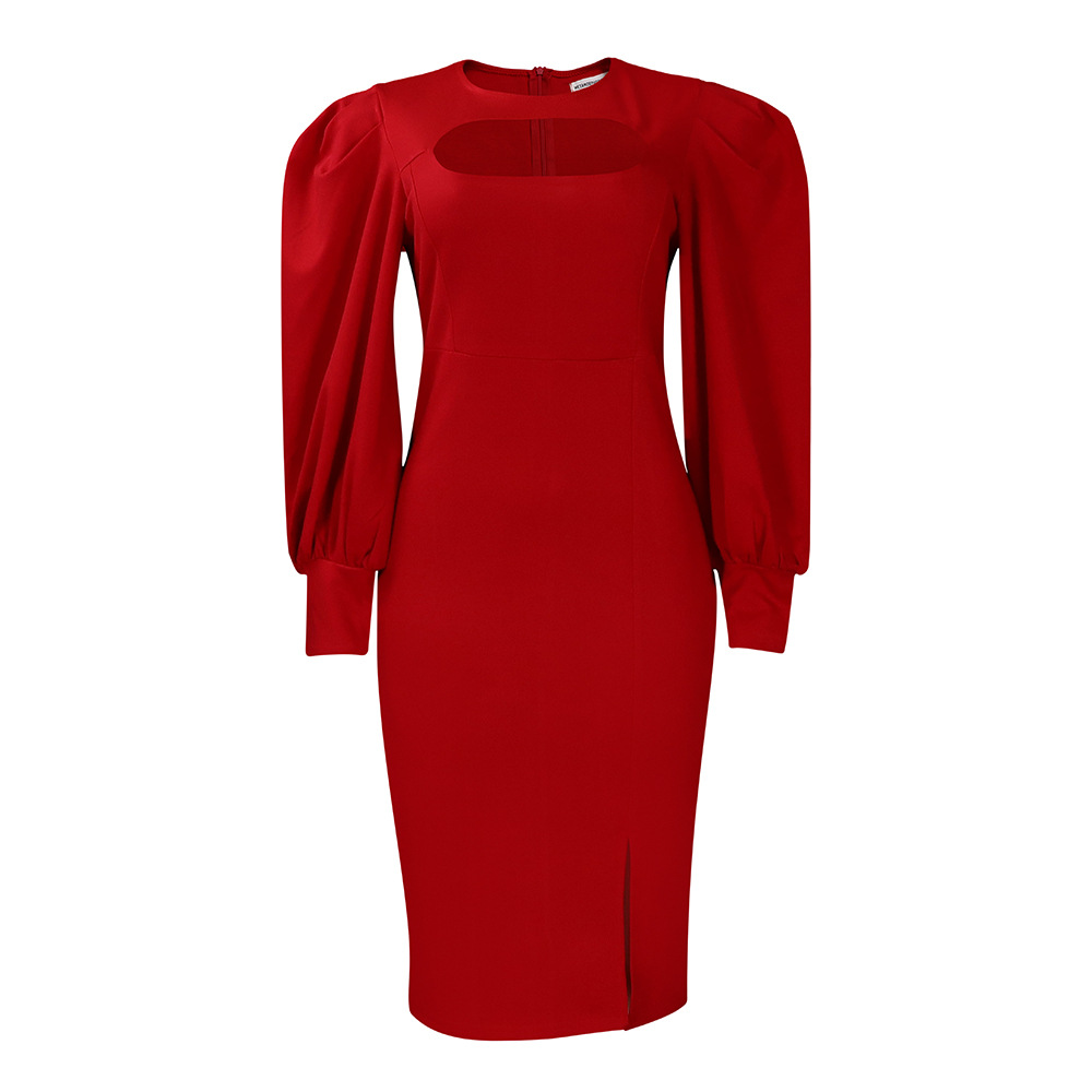 New Fashion Hollow Long Sleeve Slit Solid Color Dress
