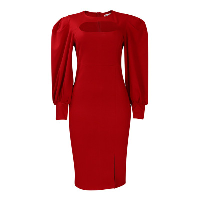 New Fashion Hollow Long Sleeve Slit Solid Color Dress 01