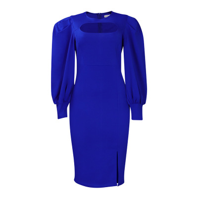 New Fashion Hollow Long Sleeve Slit Solid Color Dress 02