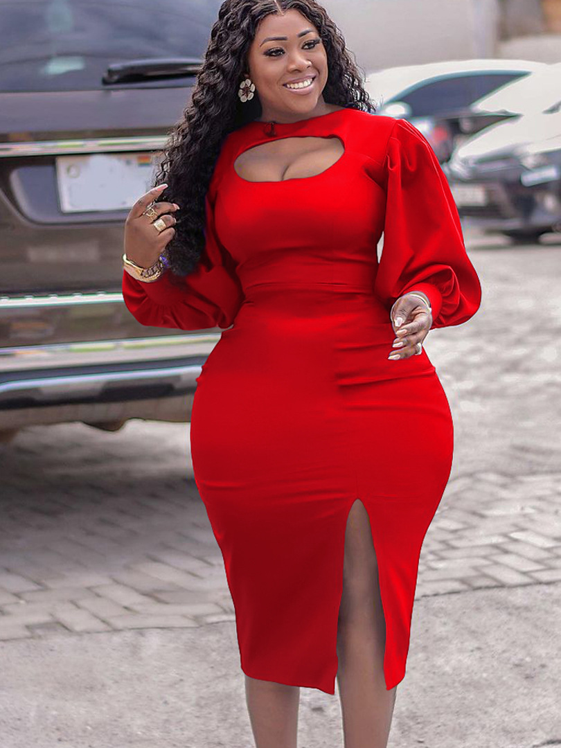 New Fashion Hollow Long Sleeve Slit Solid Color Dress