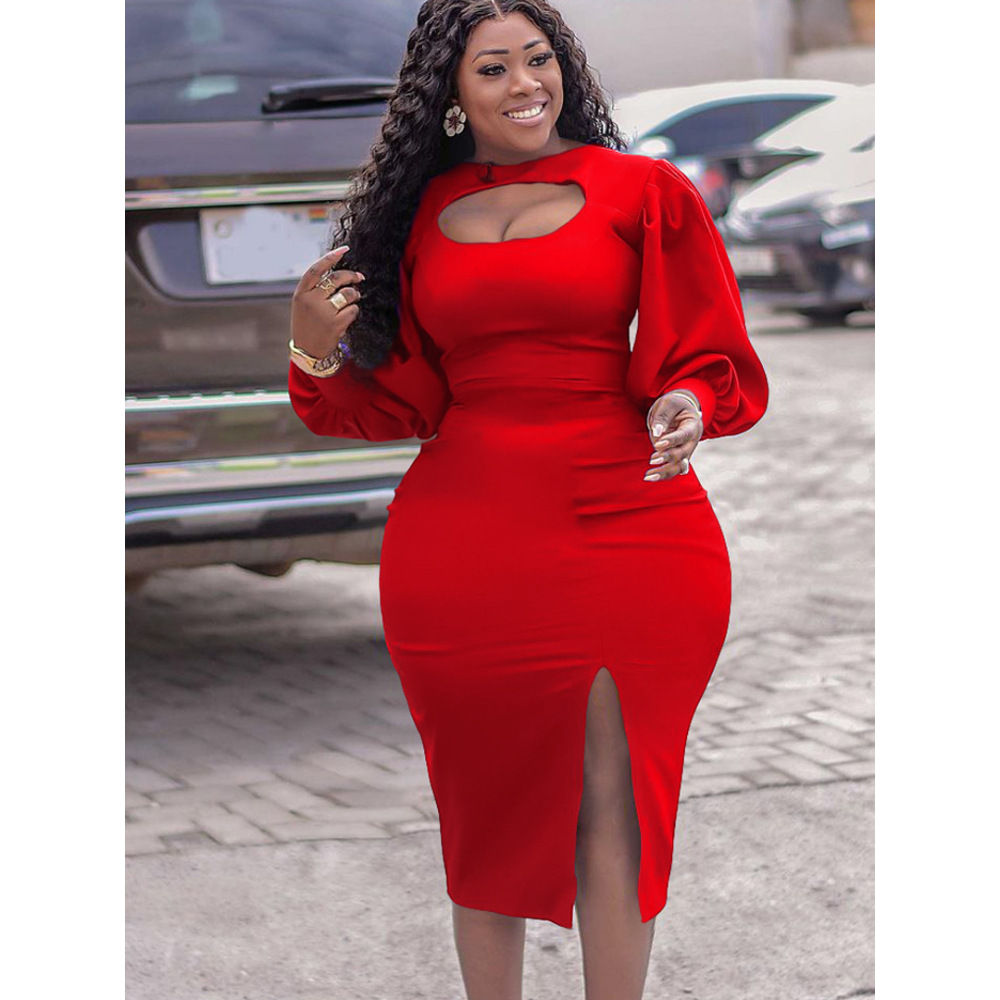 New Fashion Hollow Long Sleeve Slit Solid Color Dress