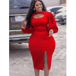 New Fashion Hollow Long Sleeve Slit Solid Color Dress