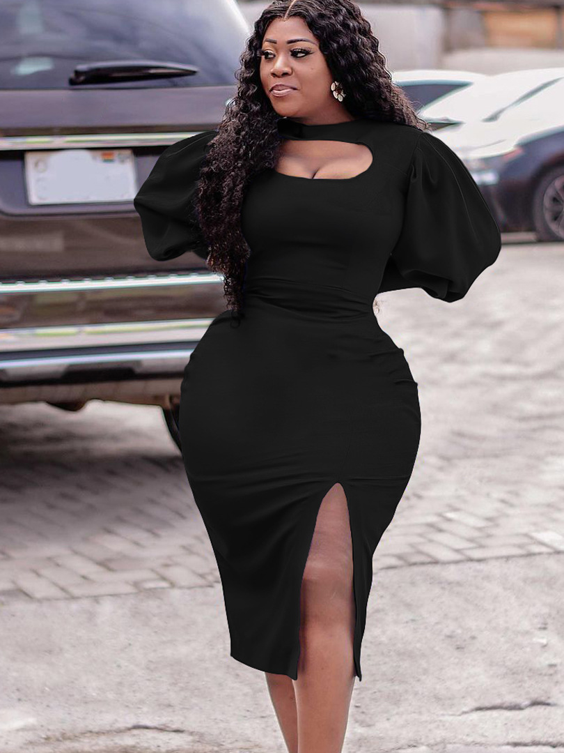 New Fashion Hollow Long Sleeve Slit Solid Color Dress