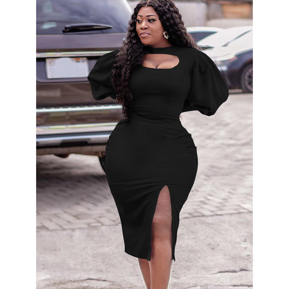 New Fashion Hollow Long Sleeve Slit Solid Color Dress