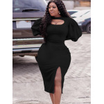 New Fashion Hollow Long Sleeve Slit Solid Color Dress