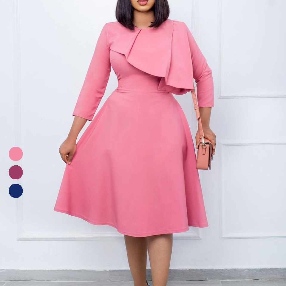 New Round Neck Solid Color Temperament Swing Dress