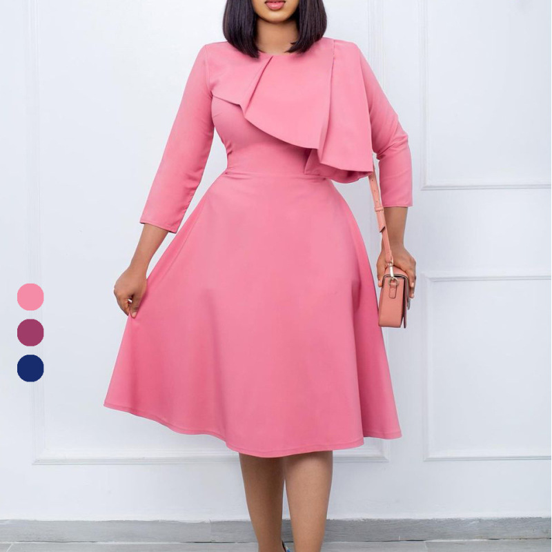 New Round Neck Solid Color Temperament Swing Dress