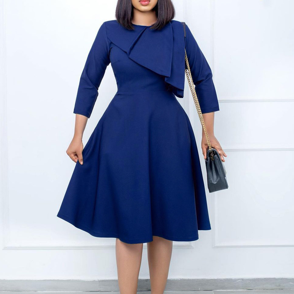 New Round Neck Solid Color Temperament Swing Dress