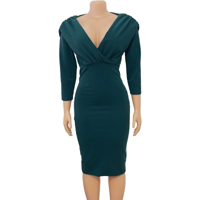 New Women's V-Neck Pleated Long Sleeve Dress 02