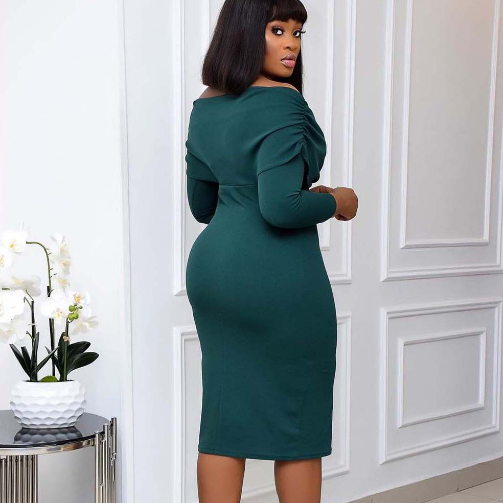 New Women's V-Neck Pleated Long Sleeve Dress