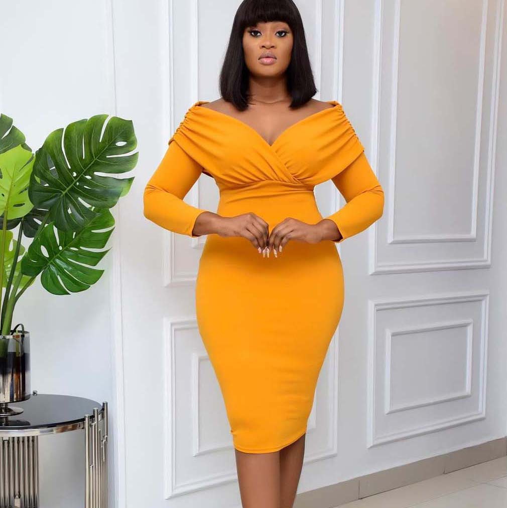 New Women's V-Neck Pleated Long Sleeve Dress