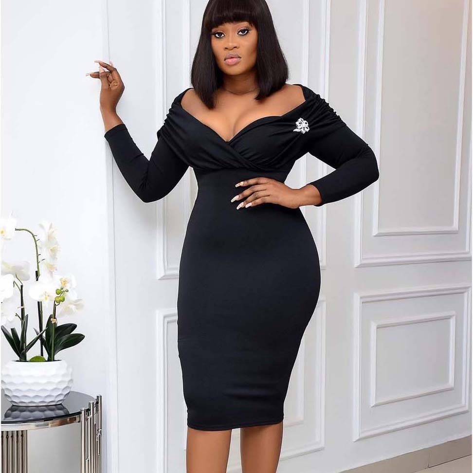 New Women's V-Neck Pleated Long Sleeve Dress