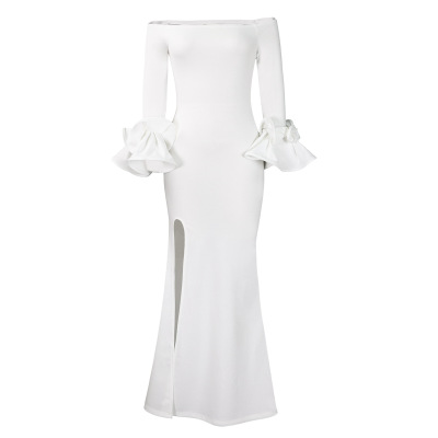 Sexy Slit Lotus Leaf Sleeve Long Evening Dress 02