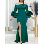 Sexy Slit Lotus Leaf Sleeve Long Evening Dress
