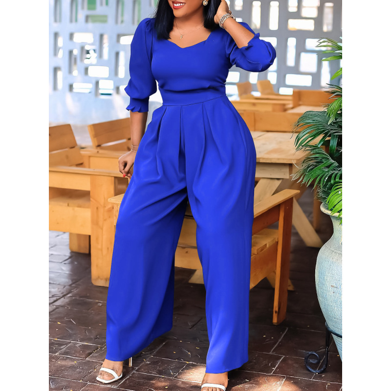 Winter Long-Sleeved Solid Color Loose Wide-Leg Straight Jumpsuit