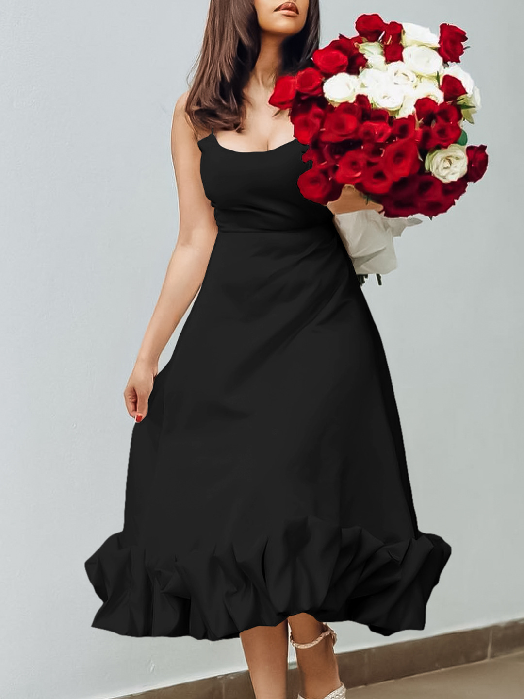 A-Line Evening Dress With Long Skirt And Suspenders