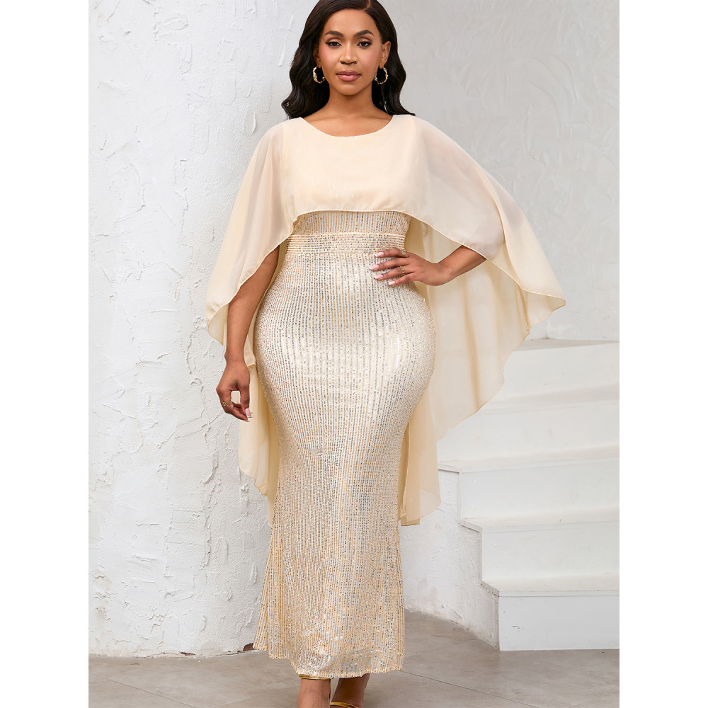 Fashion Chiffon Cape Sequin Hip Dress