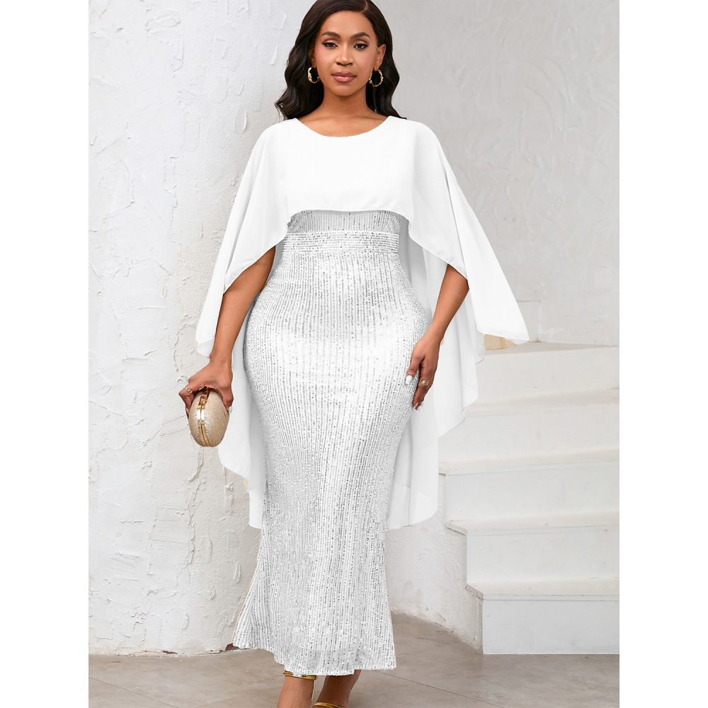 Fashion Chiffon Cape Sequin Hip Dress