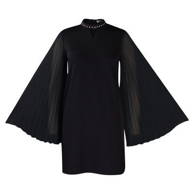 Fashionable Trumpet Sleeve Pleated Rhinestone Loose A-Line Dress 01