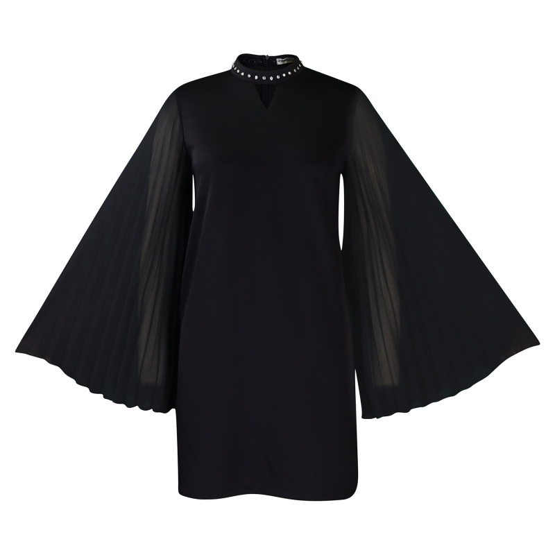 Fashionable Trumpet Sleeve Pleated Rhinestone Loose A-Line Dress