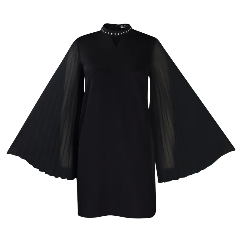 Fashionable Trumpet Sleeve Pleated Rhinestone Loose A-Line Dress