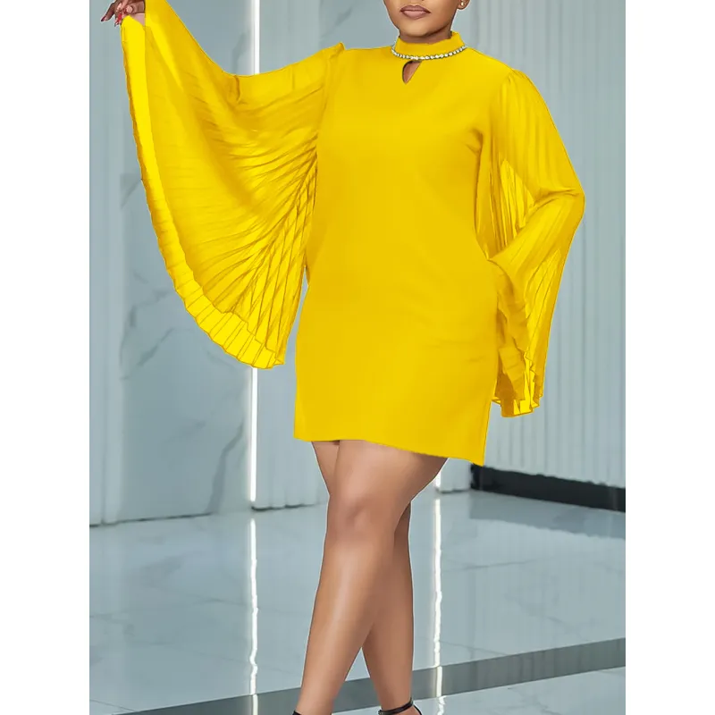 Fashionable Trumpet Sleeve Pleated Rhinestone Loose A-Line Dress