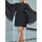 Fashionable Trumpet Sleeve Pleated Rhinestone Loose A-Line Dress