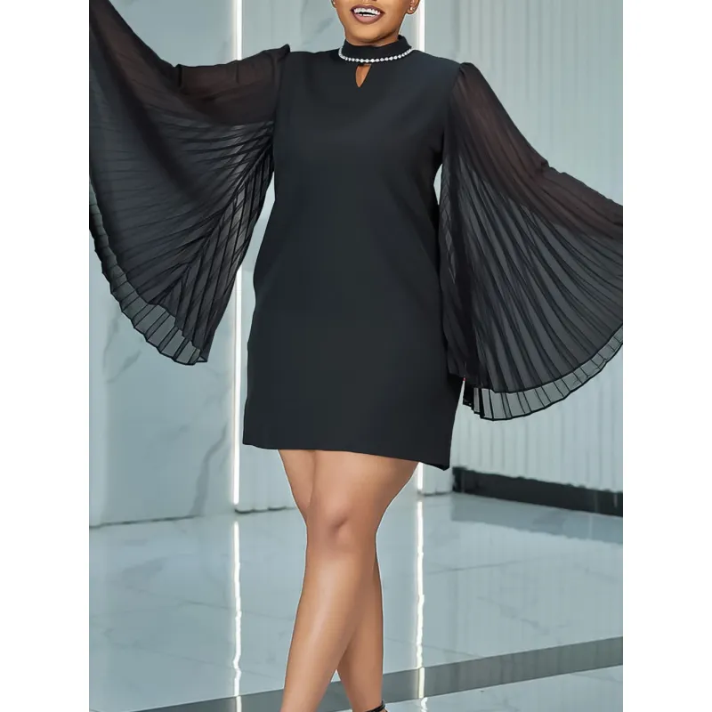 Fashionable Trumpet Sleeve Pleated Rhinestone Loose A-Line Dress