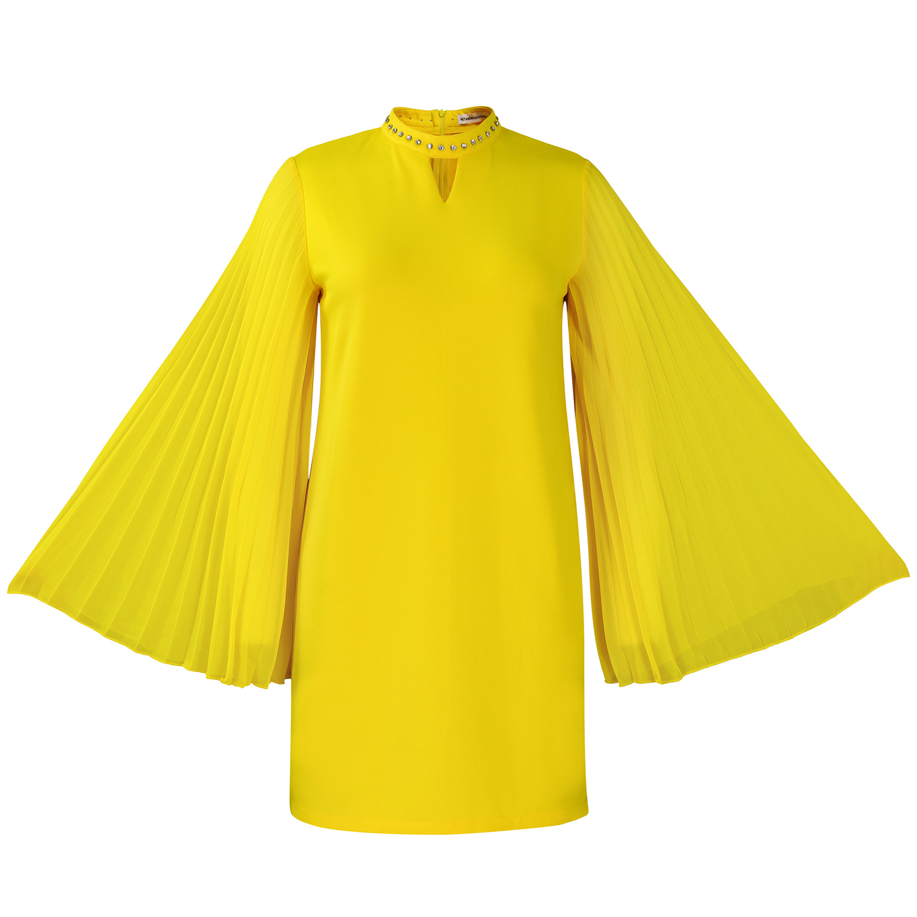 Fashionable Trumpet Sleeve Pleated Rhinestone Loose A-Line Dress