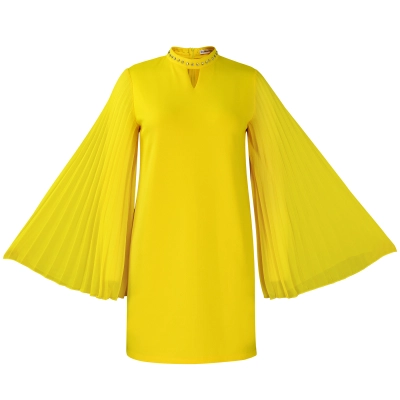 Fashionable Trumpet Sleeve Pleated Rhinestone Loose A-Line Dress 02