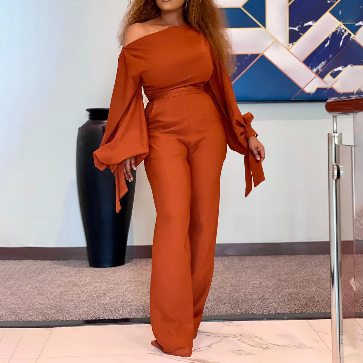 Off-The-Shoulder Casual High-Waist Wide-Leg Jumpsuit