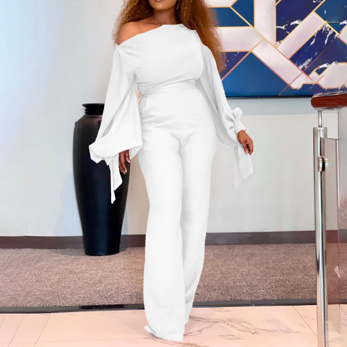 Off-The-Shoulder Casual High-Waist Wide-Leg Jumpsuit